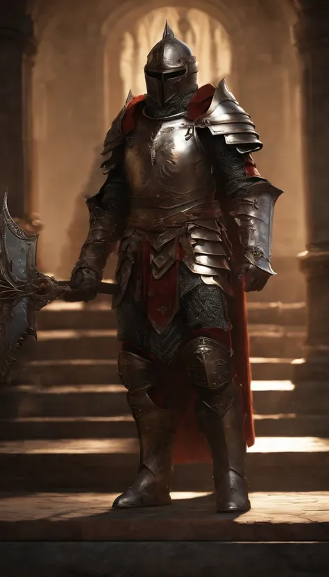 (Best quality,4K,8K,A high resolution,Masterpiece:1.2),Ultra-detailed,(Realistic,Photorealistic,photo-realistic:1.37),A sword-wielding demon armor warrior stood in the hall, Full body portrait of the mysterious knight, Wearing heavy armor，A sacred warrior ...