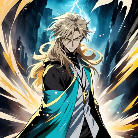 White long-haired anime character, Yellow eyes stand in front of Lightning，White clothes， Detailed key anime art, Key anime art, detailed anime character art, handsome guy in demon killer art, full art,, anime artsyle, offcial art, detailed anime art,