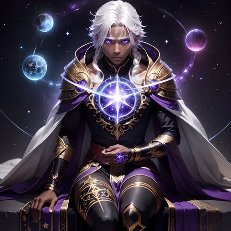 Male Celestial Wizard, stars and moons motif, sitting among the stars, black man, silver hair, glowing purple eyes, dark skin, anime style, bokeh effect