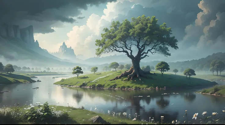 Masterpiece, 8K，Best quality, Studio lighting,White wildflowers，Cloudy, dense fog，The world tree looming in the distance and the town under the tree，jungles，Small rivers, lighting