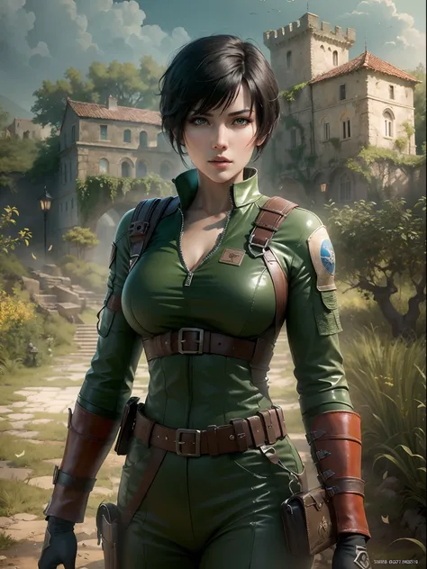 ((Best quality)) , ((Masterpiece)) , (Detailed) ,（Resident Evil:Ada wong）， Fantasy cover art for masterpieces,fantasy, Castle, Olive groves, A shield, Knight Core, Mint green beauty traces, tiltshift, guiltys, Natural lighting, Stylized, 8K resolution