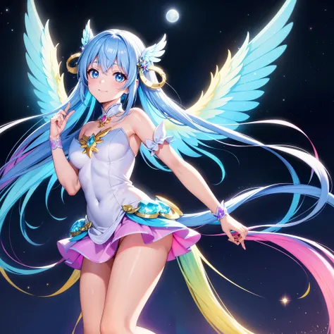 Super Idol　a beauty girl　A charming smile　sky blue hair　length hair　Twin-tailed　Glittery bright pink and white and blue and yellow outfit　Facing straight ahead、Arms spread wide、Spread the wings of six large iridescent angels on their backs　Mystical　Spectac...