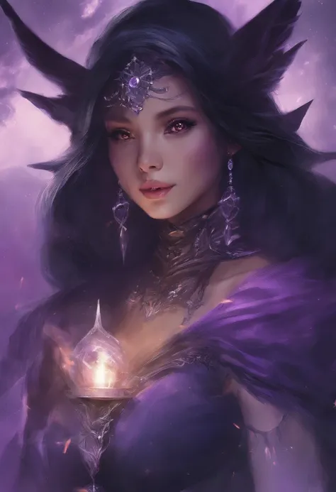 female, drow, sorcerer, young, innocent looking, brown eyes, black hair, dark purple skin, pointed ears, highest image quality, liang xing,