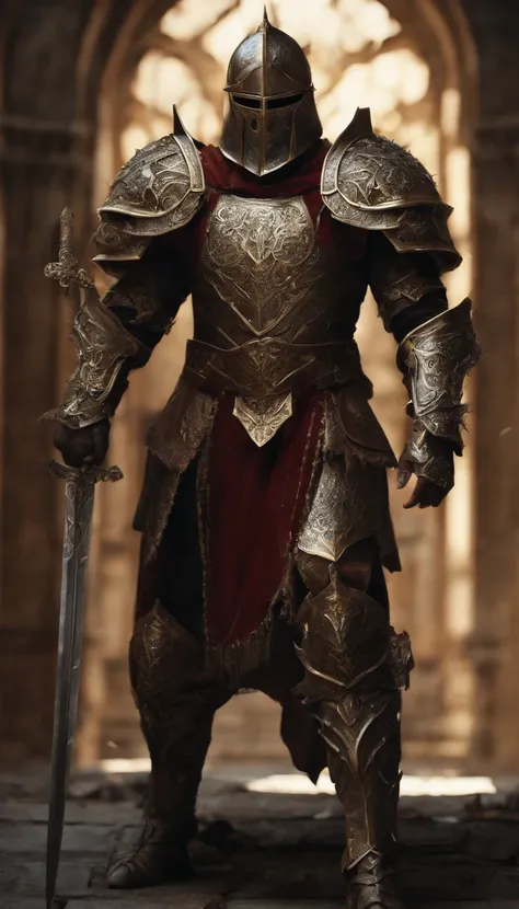 (Best quality,4K,8K,A high resolution,Masterpiece:1.2),Ultra-detailed,(Realistic,Photorealistic,photo-realistic:1.37),A sword-wielding demon armor warrior stood in the hall, Full body portrait of the mysterious knight, Wearing heavy armor，Behind him is a b...