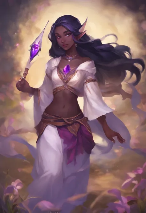 female, drow, sorcerer, young, innocent looking, brown eyes, black hair, dark purple skin, pointed ears, highest image quality, liang xing, purple skin:3,