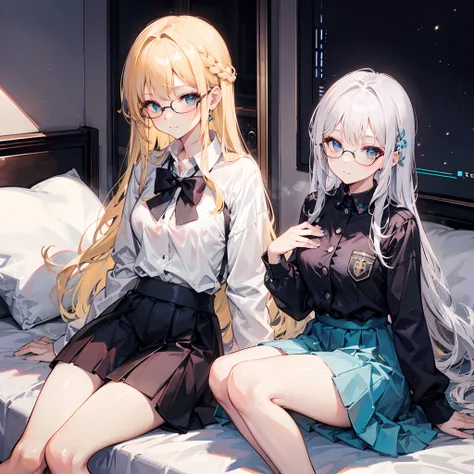 18-year-old blonde, Turquoise eyes, long-haired,Braid left and right, Wear glasses, Wear a white long-sleeved shirt........button up.  Black miniskirt, sitting on the bed,....With a slightly smiling face.......