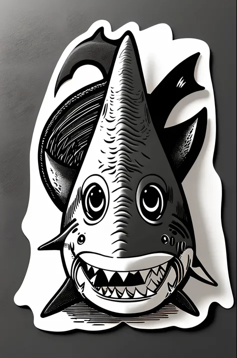 /imagine prompt: shark illustration for a sticker with a black background, in bold outline style, jagged edges, trashcore, light shading --v 5.2