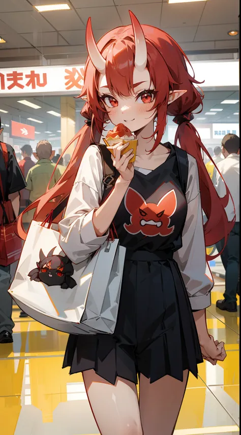 1oni girl,solo,happy,casual outfit,red hair,long twintail hair,pointy ears,oni horns,red eyes,walking in a shopping mall, several stores around, eating,cowboy shot