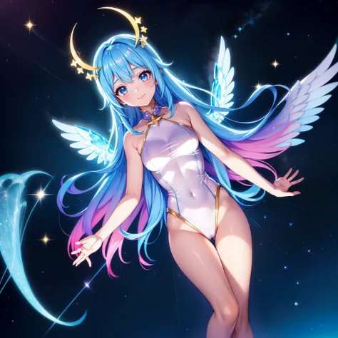 Super Idol　a beauty girl　A charming smile　sky blue hair　length hair　Twin-tailed　Glittery bright pink and white and blue and yellow leotards　Facing straight ahead and spreading hands wide　Spreading six large iridescent angel wings on its back　Mystical　Spect...