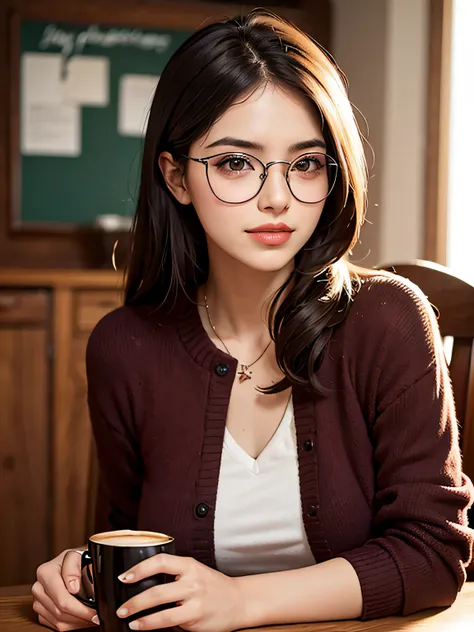 Mujer con cara valiente, aparentemente estresado, Usar gafas, with a cup of coffee, Sentado en una mesa