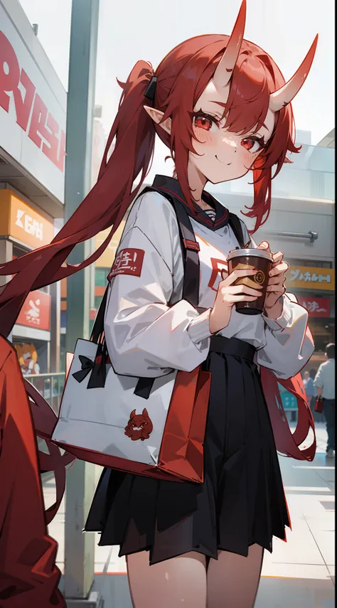 1oni teen girl,solo,happy,casual outfit,red hair,long twintail hair,pointy ears,oni horns,red eyes,walking in a shopping mall, several stores around, eating,cowboy shot