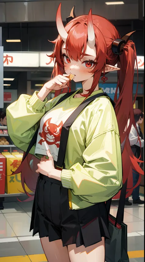 1oni teen girl,solo,happy,casual outfit,red hair,long twintail hair,pointy ears,oni horns,red eyes,walking in a shopping mall, several stores around, eating,cowboy shot