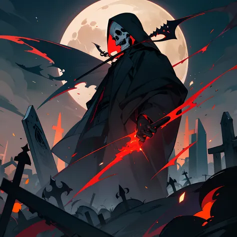 ​masterpiece,top-quality,Old graveyard,Moon Night,Skull Grim Reaper with a Sickle,Red fog,Fireflies fly