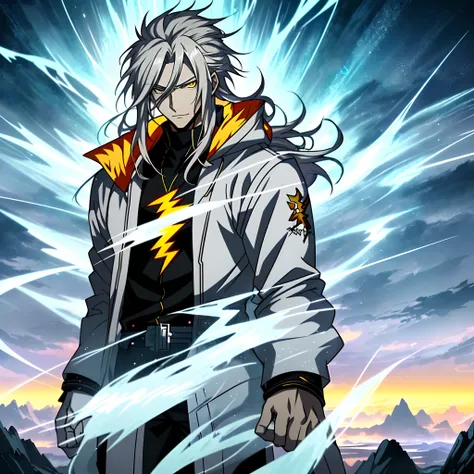 White long-haired anime character, Yellow eyes stand in front of Lightning，White clothes， Detailed key anime art, Key anime art, detailed anime character art, handsome guy in demon killer art, full art,, anime artsyle, offcial art, detailed anime art,