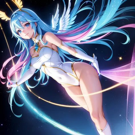 Super Idol　a beauty girl　A charming smile　sky blue hair　length hair　Twin-tailed　Glittery bright pink and white and blue and yellow leotards　Facing straight ahead and spreading hands wide　Spreading six large iridescent angel wings on its back　Mystical　Spect...