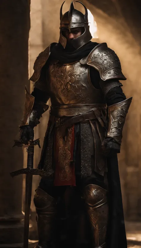 (Best quality,4K,8K,A high resolution,Masterpiece:1.2),Ultra-detailed,(Realistic,Photorealistic,photo-realistic:1.37),A sword-wielding demon armor warrior stood in the hall, Full body portrait of the mysterious knight, Wearing heavy armor，Behind him is a b...