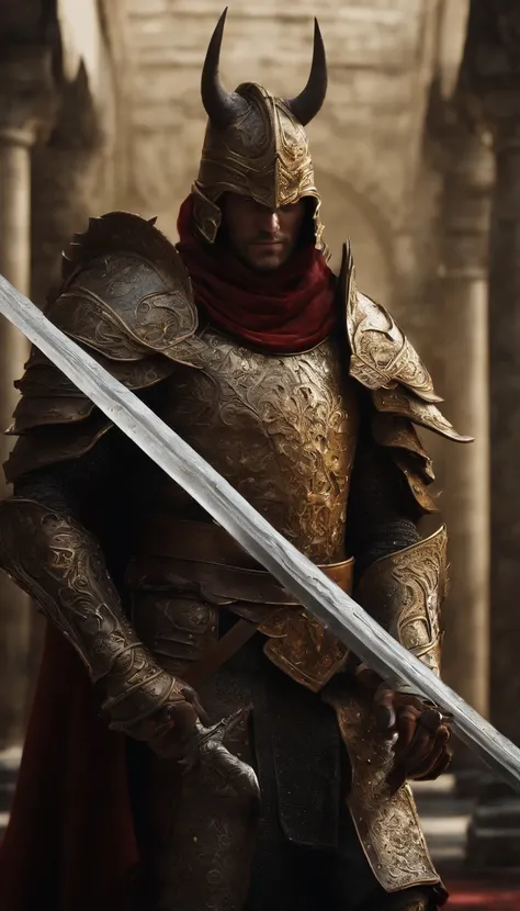 (Best quality,4K,8K,A high resolution,Masterpiece:1.2),Ultra-detailed,(Realistic,Photorealistic,photo-realistic:1.37),A sword-wielding demon armor warrior stood in the hall, Full body portrait of the mysterious knight, Wearing heavy armor，Behind him is a b...