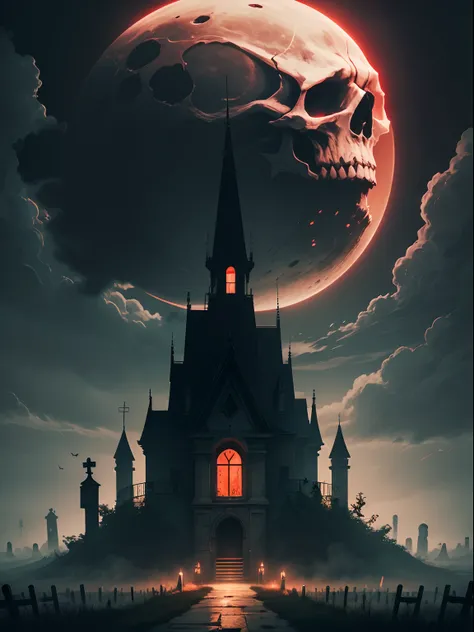 ​masterpiece,top-quality,realisitic,Old cemetery,Moon Night,Grim Reaper of the Skull with a Sickle,Red fog,Fireflies fly,black clouds,thunderbolt