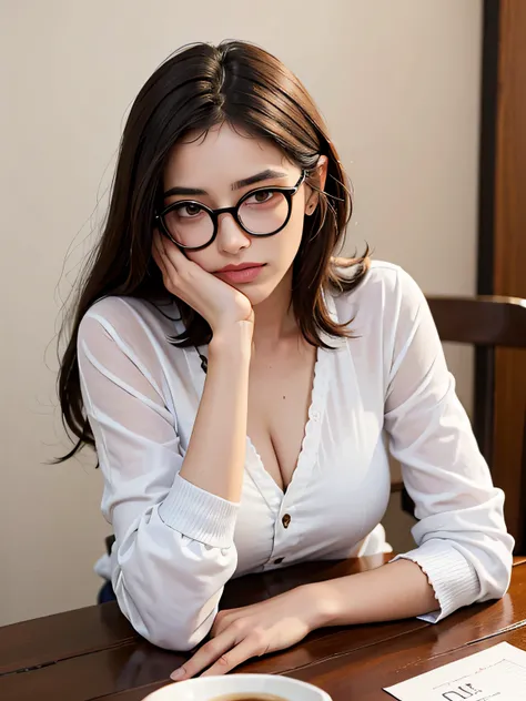 Mujer con cara valiente, aparentemente estresado, Usar gafas, with a cup of coffee, Sosteniendo la taza, Sentado en una mesa