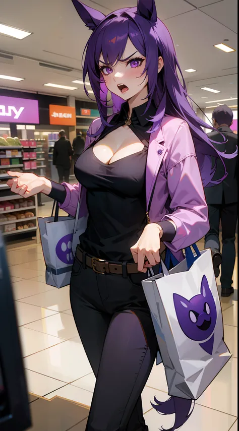 1girl,solo,mature female,medium breasts,casual outfit,cleavage,purple hair,long hair,horse ears,horse tail,purple eyes,angry face,open mouth,walking in a shopping mall, several stores around,cowboy shot