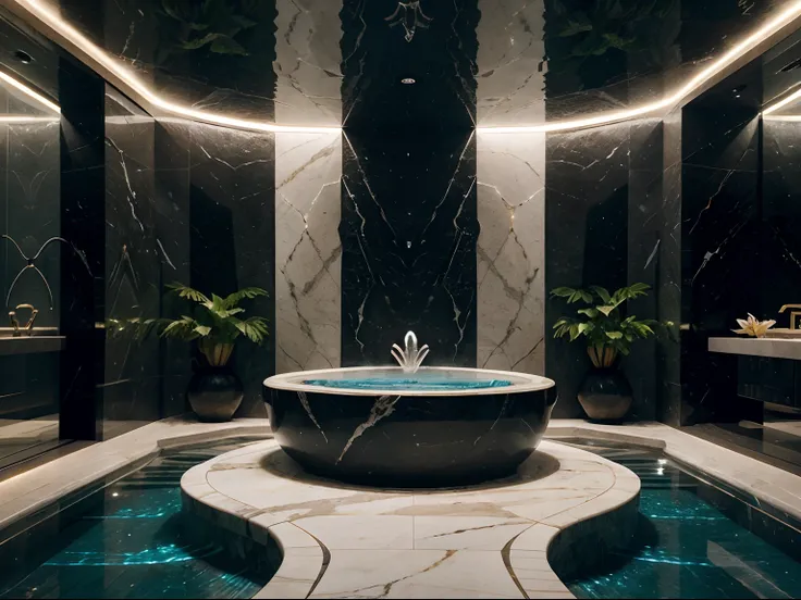 incredible luxurious futuristic interior bathroom with pool and jacuzzi in Ancient Indian style with many ((lush plants)) (lotus flowers), ((palm trees)), rocky walls, (sand), ((amazing waterfalls)), (marble), ((precious minerals)), ((metals)), (gemstones)...