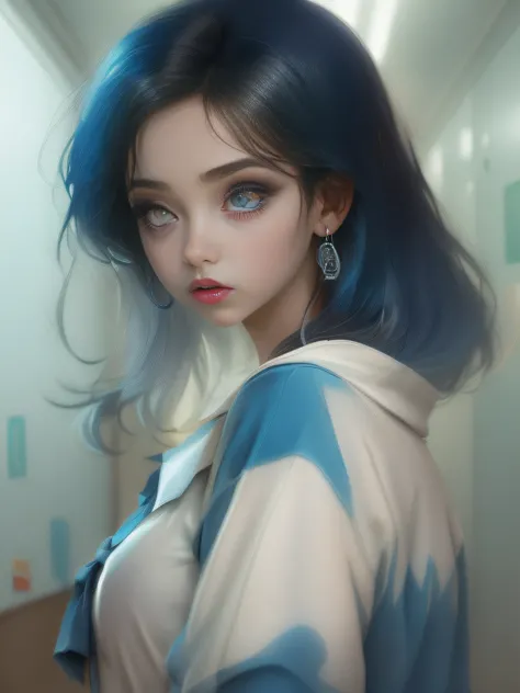 chromatically，The clothes are blue and white，hair black，Pupils black，Lips are dark red，The background is a classroom hallway