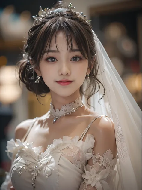 Woman in wedding dress at wedding hall、drooing eyes: 1.3,, (in 8K) , ​master piece, (No retouching, Lip gloss, False eyelashes, Real Skin, of the highest quality, 超A high resolution, depth of fields, chromatic abberation, Caustics, Wide Lighting, Natural S...