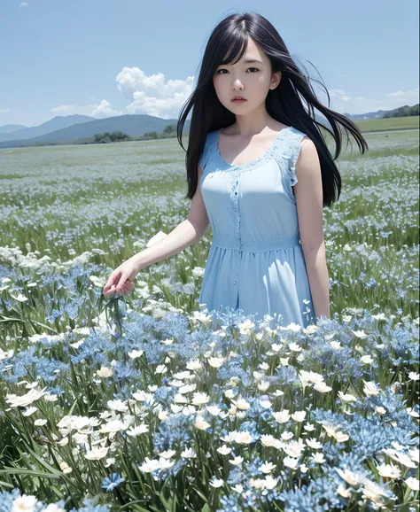 (absurdres, highres, ultra detailed, UHD, cinematic), solo, 1girl, mature, happy, girl standing in light blue flower field, light blue flower petal surrounding girl, full body, blue long hair girl, light blue hair, fantasy, dreamy, snowy, official art, pop...