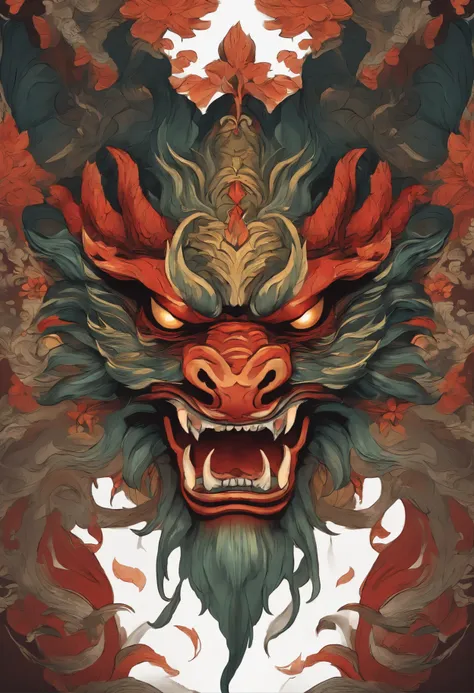 Sticker illustration on white background, Dragon-shaped goblin face painting, Qiu Tianwang, Oriental-style painting, Tengu Mask, Demon Samurai Mask, Asura in Chinese mythology, Bold contour style, Jagged edges, Front painting, recycle bin, Light Shading --...