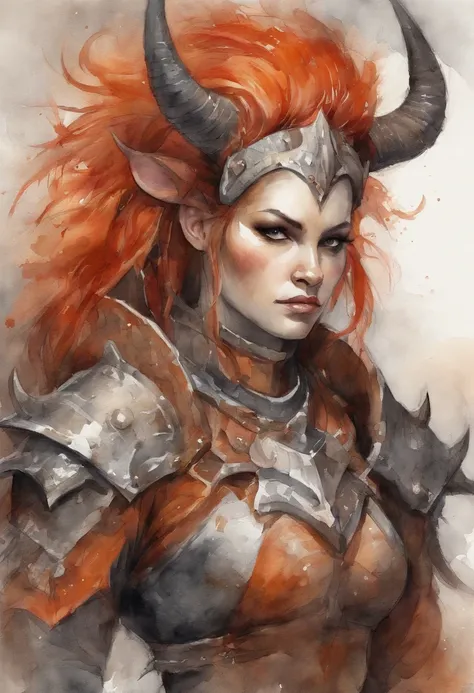 Behemoth anime girl, orange-red mohawk, warrior, grey armor, claws, horns and spikes, masterpiece, best quality