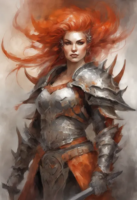 Behemoth anime girl, orange-red mohawk, warrior, grey armor, claws, horns and spikes, masterpiece, best quality