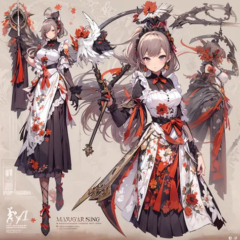 ((Masterpiece, Highest quality)), Detailed face, CharacterDesignSheet， full bodyesbian, Full of details, Multiple poses and expressions, Highly detailed, Depth, Many parts，Beautiful Maid，holding a scythe，shinigami，double-ponytail，estilo fantasia，red colour...