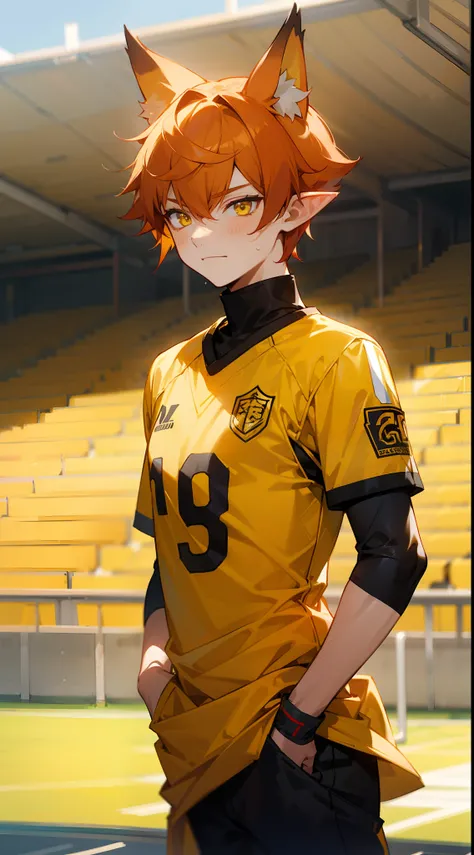 1boy, yellow football outfit,yellow eyes,red hair,short hair,fox ears,pointy ears,(standing in a school stadium),shy face,cowboy shot