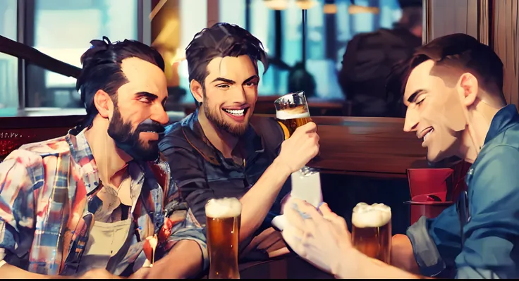 three men sitting at a table with beer in hand, beer drinkers々, laugh over a beer, drink at the bar, man drinking beer, drinking...