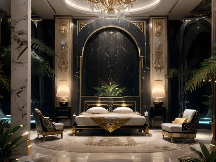 arafed bedroom with a large bed and a chandelier in the middle, extremely opulent, luxury hd render, maximalist sculpted design, luxurious environment, realistic art deco, gold and luxury materials, elegant and ornate, ornate and elegant, baroque marble an...