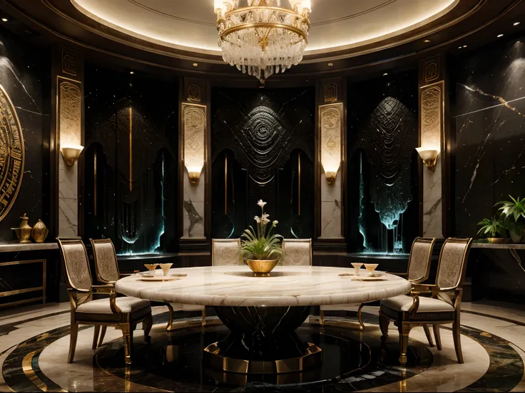 incredible luxurious futuristic interior dinning room in Ancient Islamic style with many ((lush plants)) (lotus flowers), ((palm trees)), rocky walls, (sand), ((amazing waterfalls)), (marble), ((precious minerals)), ((metals)), (gemstones), crystals, cloud...