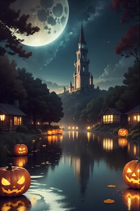 Floating lights of All Hallows Eve, Cinematic light and reflection, Luces brillantes, Elementos intermedios del metaverso，Pintura digital, reflejos brillantes, Pensyo, Linterna flotante, Noche tranquila, Digital illustration, hermoso ambiente, Claraboya po...