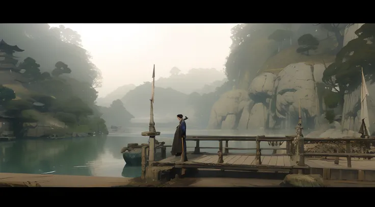 there are two people standing on a dock near a river, japanese vfx, still from a fantasy movie, still from a live action movie, beautiful cinematography, scene from live action movie, opening scene, 8 k film still, film still dnd, still from the movie the ...