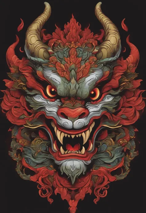 Sticker illustration on white background, Goblin face painting in the shape of a dragon, Qiu Tianwang, Painting in the oriental style, Tengu Mask, Demon Samurai Mask, Asura in Chinese mythology, Bold contour style, Jagged edges, Front Painting, recycle bin...