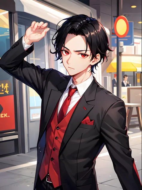 1 boy, handsome boy, black hair, comma hair, forehead comma hair, street style,, shiny, Red eyes, looking at viewer, upper body, suit and tie, casual