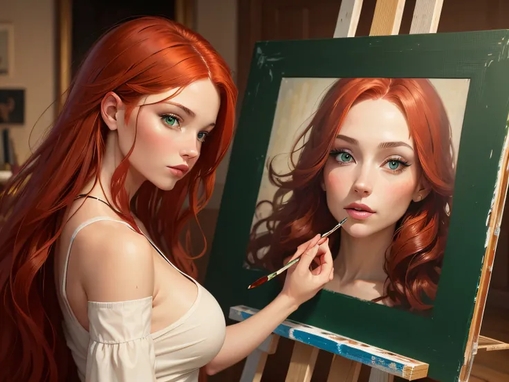 a beautiful woman with red hair, green eyes, light complexion, the woman has paint and a canvas where she is painting an oil painting version of herself, She is looking at the canvas while painting on it