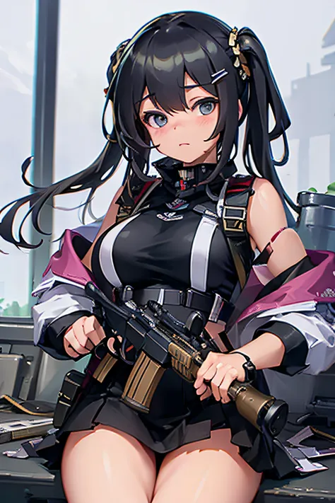 best quality, masterpiece, super high resolution, single, 1 girl, depth of field, military, assault rifle