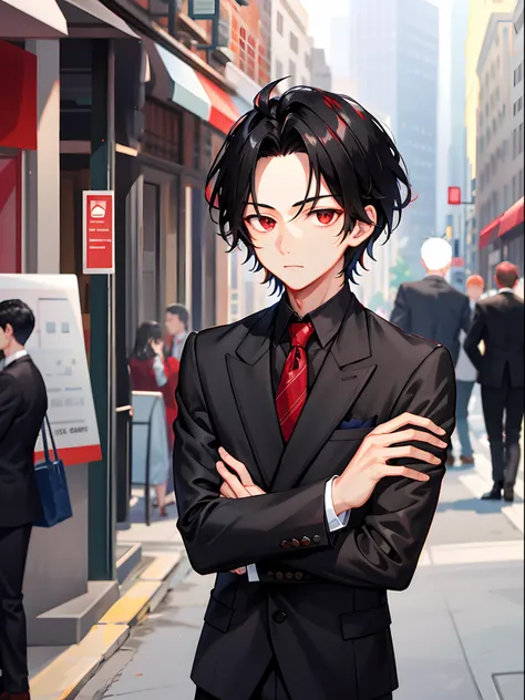 1 boy, handsome boy, black hair, comma hair, forehead comma hair, street style,, shiny, Red eyes, looking at viewer, upper body, suit and tie, casual