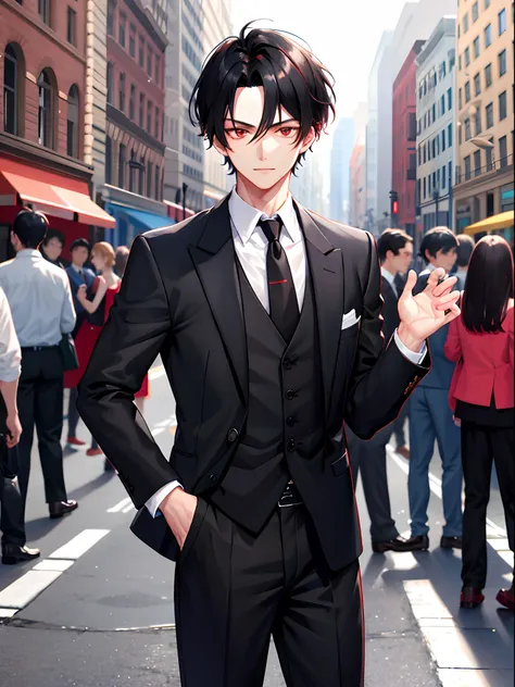 1 boy, handsome boy, black hair, comma hair, forehead comma hair, street style,, shiny, Red eyes, looking at viewer, upper body, suit and tie, casual