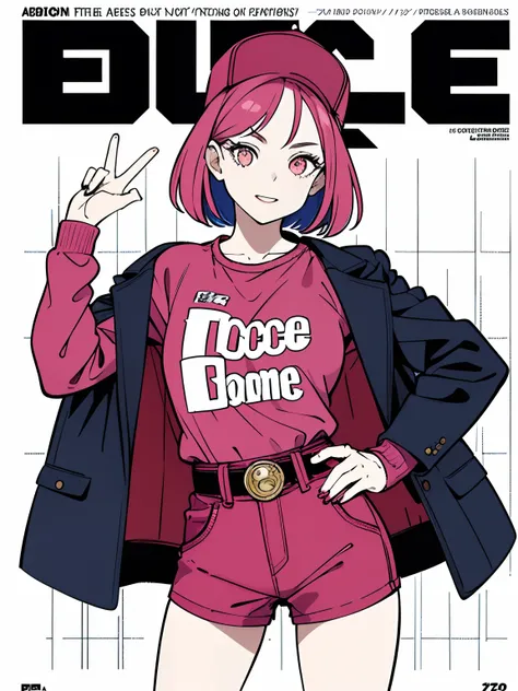 1girl, sfw, cap, shorts, jacket, (Magazine cover-style illustration of a fashionable woman in vibrant outfit posing in front of a colorful and dynamic background. She has a confident expression and is striking a pose. The text on the cover should be bold a...