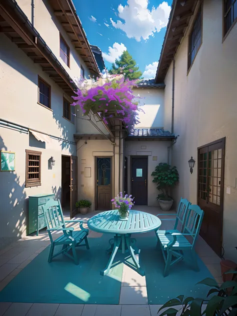 painting of a courtyard with a table and chairs and a bench, anime background art, relaxing concept art, anime scenery concept art, immensely detailed scene, a beautiful artwork illustration, detailed scenery —width 672, studio ghibli environment, highly d...