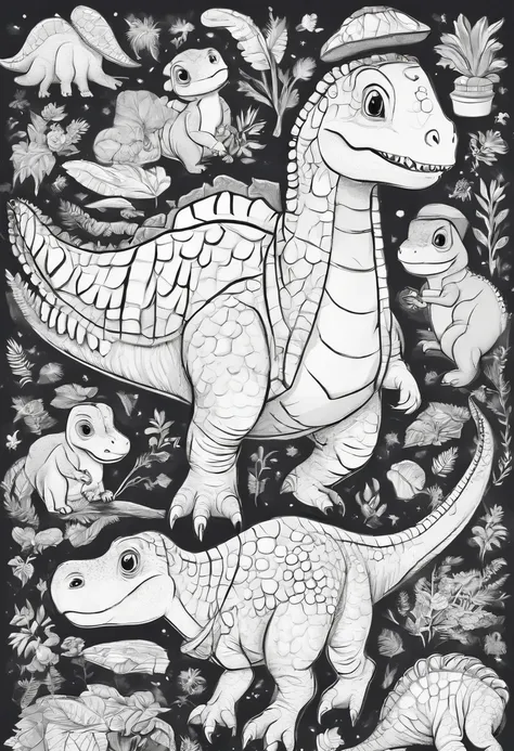 Create black and white pages of dinosaurs, wearing various occupational outfits, cute cartoon style., No shading, No shadow, no background, Sharp strokes