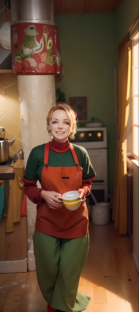 a beauty photo of 5-volt,wearing red sweater, yellow apron, green pants, standing, looking at viewer, smiling, happy,  
indoors, kitchen, soft natural lighting, extreme detail, hdr,