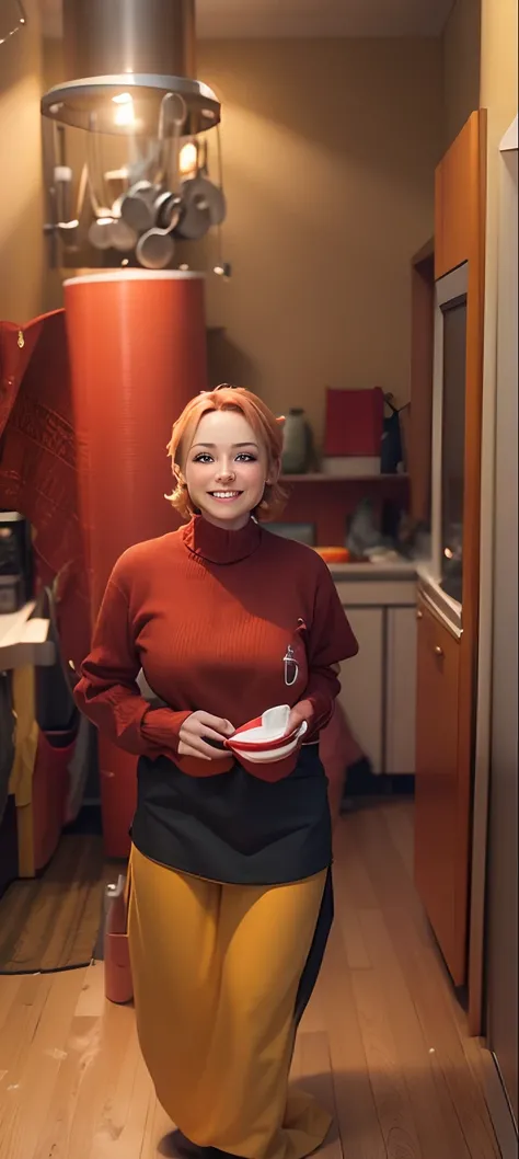 a beauty photo of 5-volt,wearing red sweater, yellow apron, green pants, standing, looking at viewer, smiling, happy,  
indoors, kitchen, soft natural lighting, extreme detail, hdr,