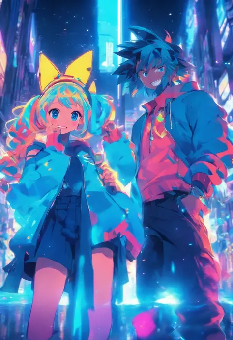 a couple of anime characters standing next to each other and happily posing for a picture (Boy and Girl), a blue vibrant color pallet, lightly smiley faces, casual clothes, 8k, high quality, ray tracing, looking at the camera, holding phones